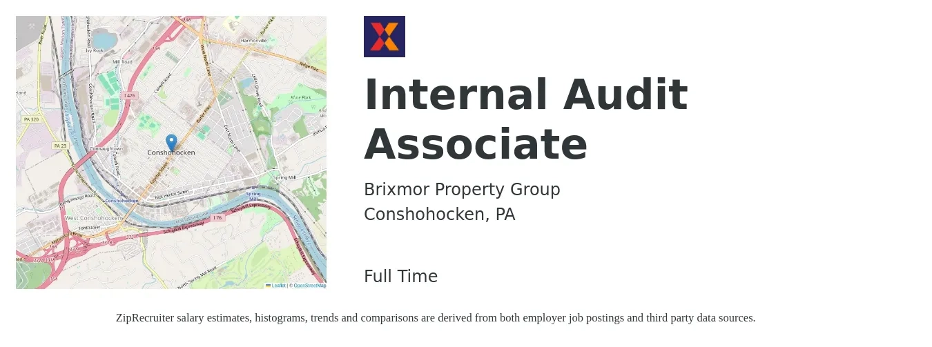 Brixmor Property Group job posting for a Internal Audit Associate in Conshohocken, PA with a salary of $56,600 to $80,200 Yearly with a map of Conshohocken location.