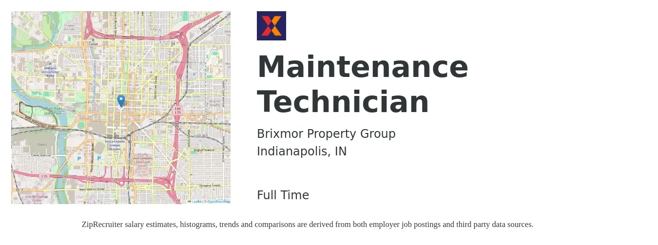 Brixmor Property Group job posting for a Maintenance Technician in Indianapolis, IN with a salary of $18 to $26 Hourly with a map of Indianapolis location.