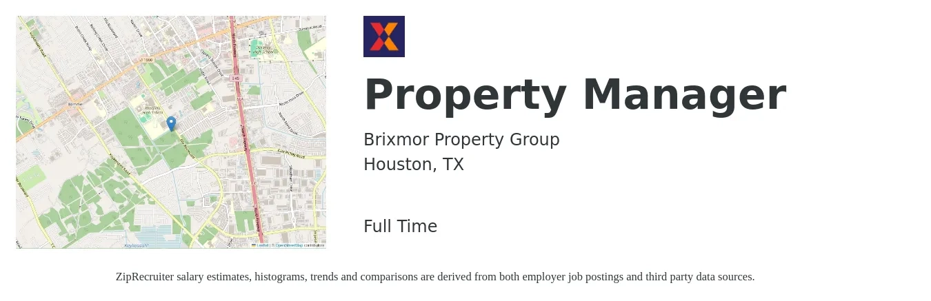 Brixmor Property Group job posting for a Property Manager in Houston, TX with a salary of $42,000 to $64,900 Yearly with a map of Houston location.