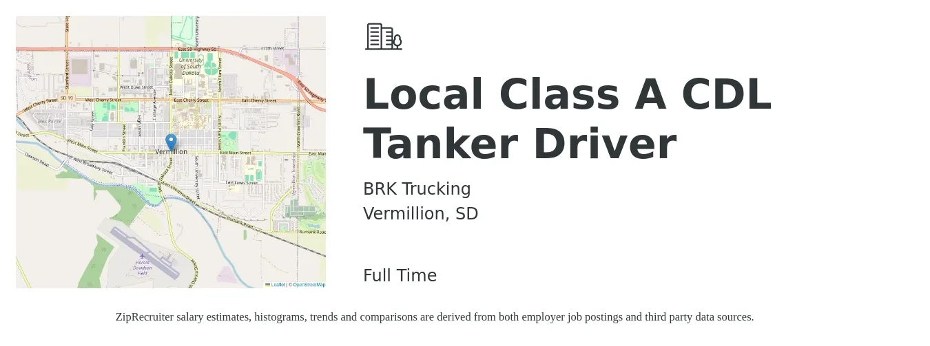 BRK Trucking job posting for a Local Class A CDL Tanker Driver in Vermillion, SD with a salary of $1,300 Daily with a map of Vermillion location.