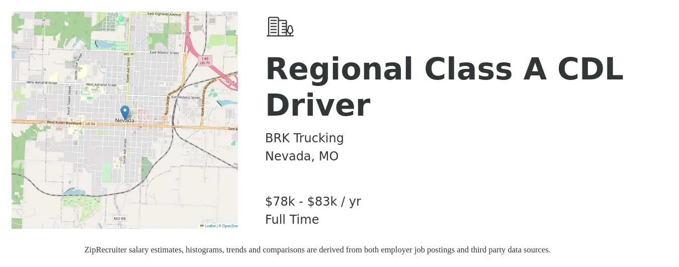 BRK Trucking job posting for a Regional Class A CDL Driver in Nevada, MO with a salary of $78,000 to $83,000 Yearly with a map of Nevada location.