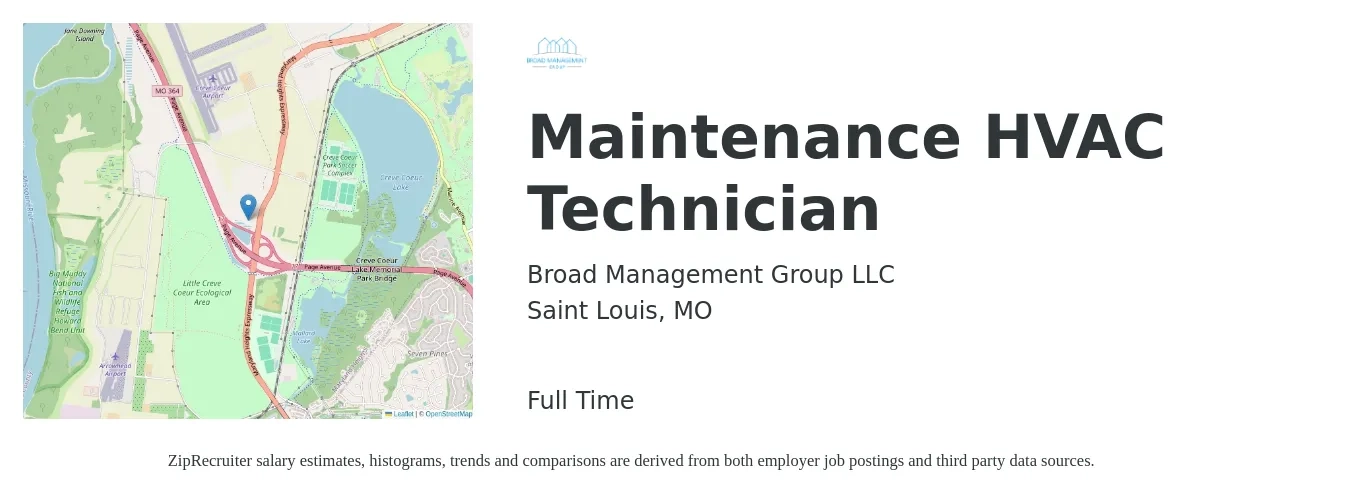 Broad Management Group LLC job posting for a Maintenance HVAC Technician in Saint Louis, MO with a salary of $18 to $24 Hourly with a map of Saint Louis location.