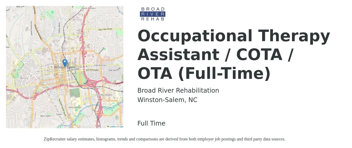 Broad River Rehabilitation job posting for a Occupational Therapy Assistant / COTA / OTA (Full-Time) in Winston-Salem, NC with a salary of $26 to $35 Hourly with a map of Winston-Salem location.
