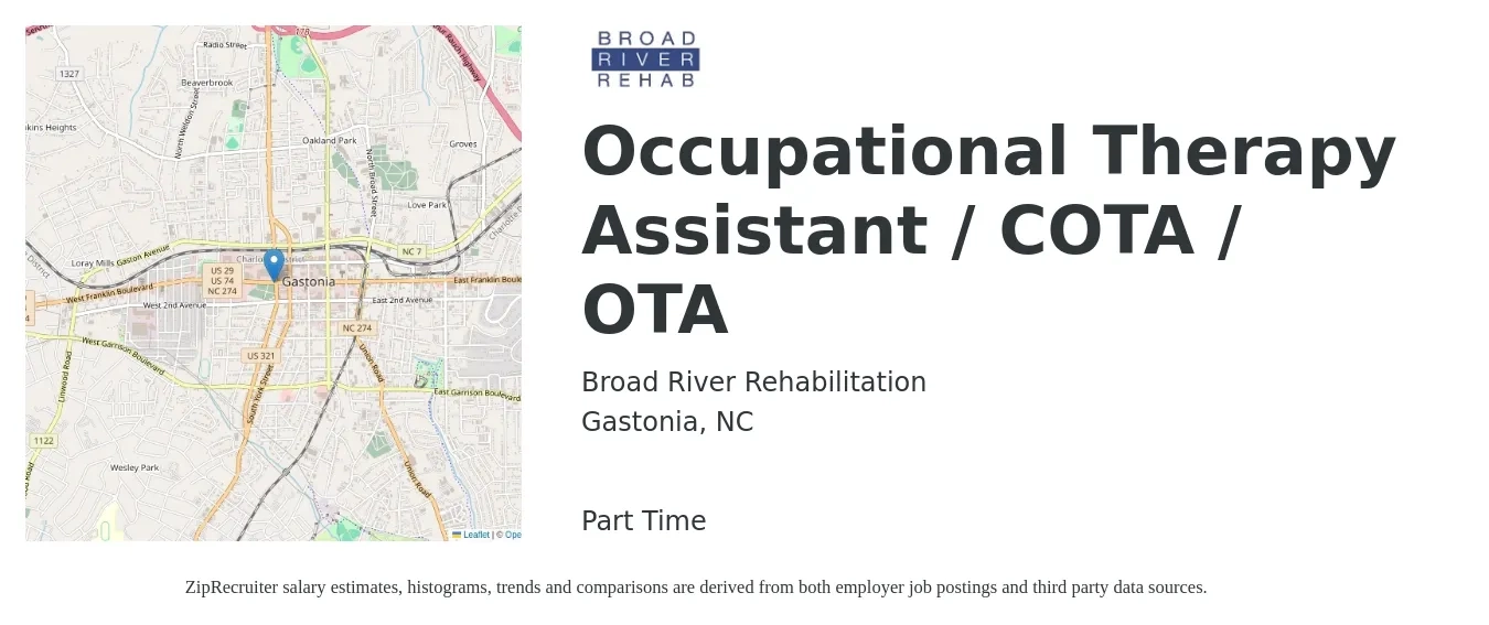 Broad River Rehabilitation job posting for a Occupational Therapy Assistant / COTA / OTA in Gastonia, NC with a salary of $26 to $35 Hourly with a map of Gastonia location.