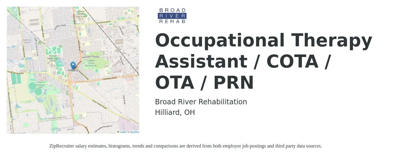 Broad River Rehabilitation job posting for a Occupational Therapy Assistant / COTA / OTA / PRN in Hilliard, OH with a salary of $27 to $36 Hourly with a map of Hilliard location.