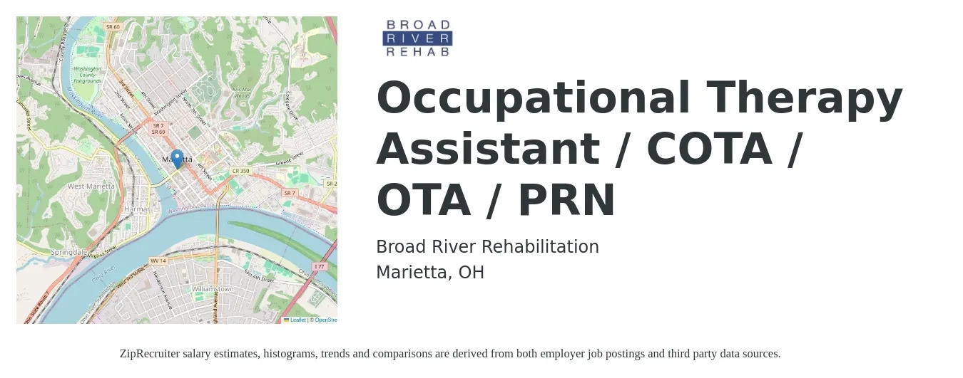 Broad River Rehabilitation job posting for a Occupational Therapy Assistant / COTA / OTA / PRN in Marietta, OH with a salary of $22 to $30 Hourly with a map of Marietta location.