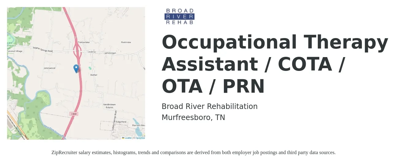 Broad River Rehabilitation job posting for a Occupational Therapy Assistant / COTA / OTA / PRN in Murfreesboro, TN with a salary of $26 to $34 Hourly with a map of Murfreesboro location.
