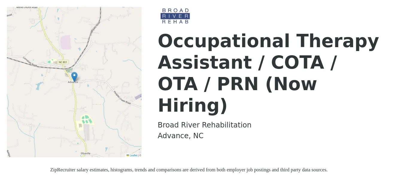 Broad River Rehabilitation job posting for a Occupational Therapy Assistant / COTA / OTA / PRN (Now Hiring) in Advance, NC with a salary of $25 to $33 Hourly with a map of Advance location.