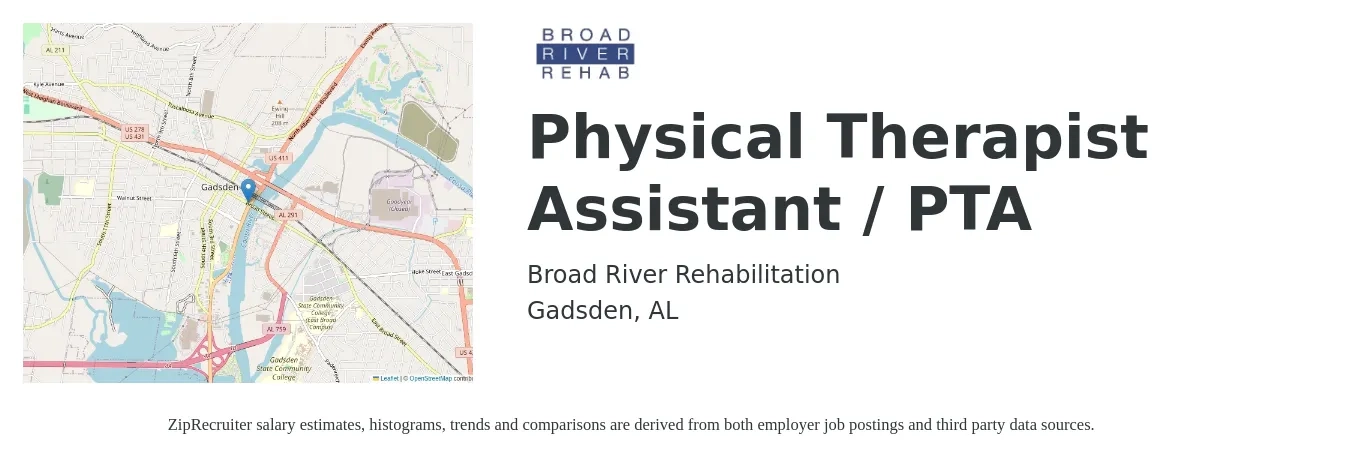 Broad River Rehabilitation job posting for a Physical Therapist Assistant / PTA in Gadsden, AL with a salary of $23 to $30 Hourly with a map of Gadsden location.