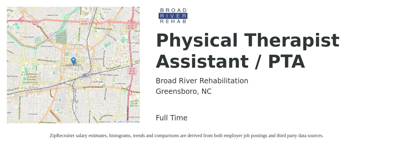 Broad River Rehabilitation job posting for a Physical Therapist Assistant / PTA in Greensboro, NC with a salary of $27 to $36 Hourly with a map of Greensboro location.