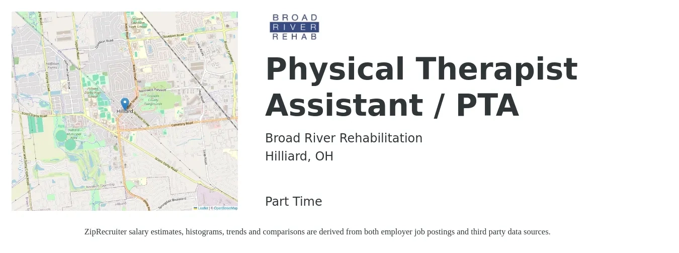 Broad River Rehabilitation job posting for a Physical Therapist Assistant / PTA in Hilliard, OH with a salary of $26 to $35 Hourly with a map of Hilliard location.