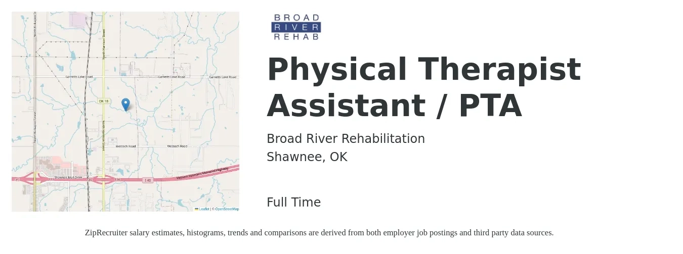 Broad River Rehabilitation job posting for a Physical Therapist Assistant / PTA in Shawnee, OK with a salary of $25 to $33 Hourly with a map of Shawnee location.