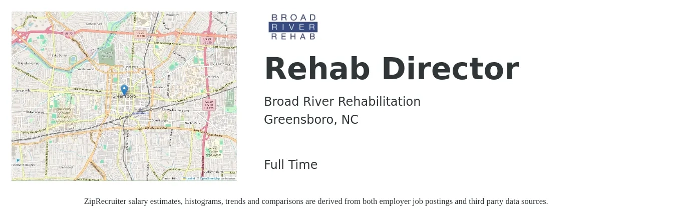 Broad River Rehabilitation job posting for a Rehab Director in Greensboro, NC with a salary of $36 to $49 Hourly with a map of Greensboro location.