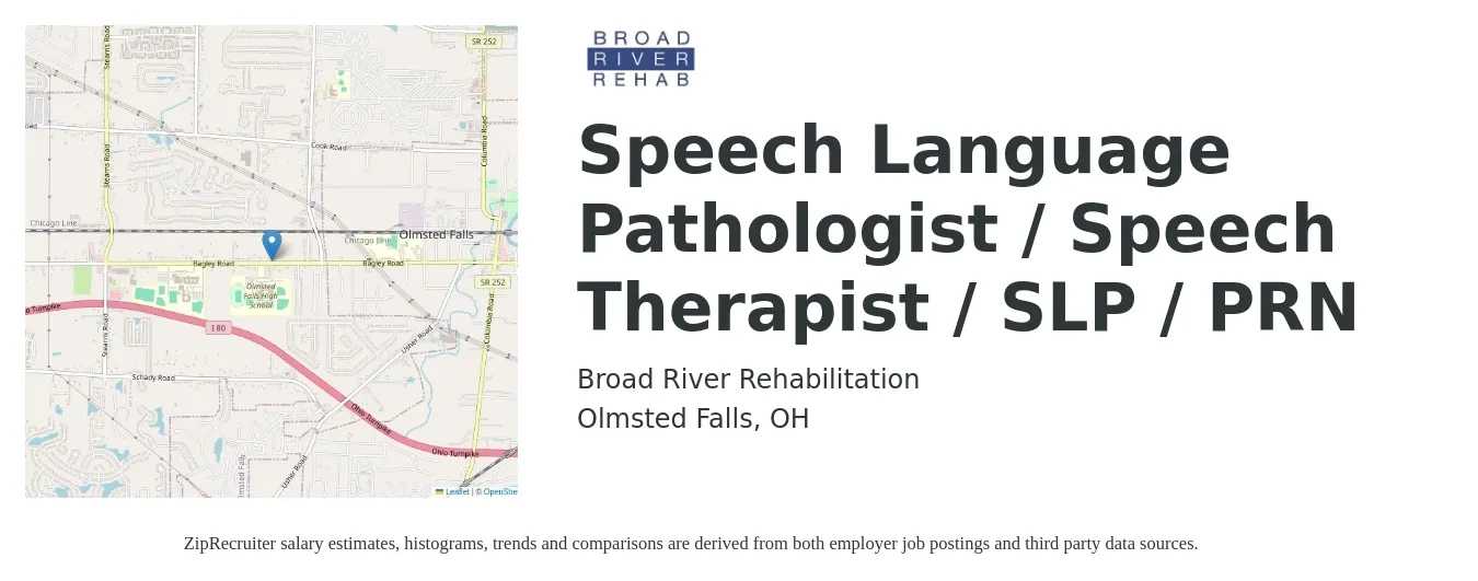 Broad River Rehabilitation job posting for a Speech Language Pathologist / Speech Therapist / SLP / PRN in Olmsted Falls, OH with a salary of $37 to $53 Hourly with a map of Olmsted Falls location.