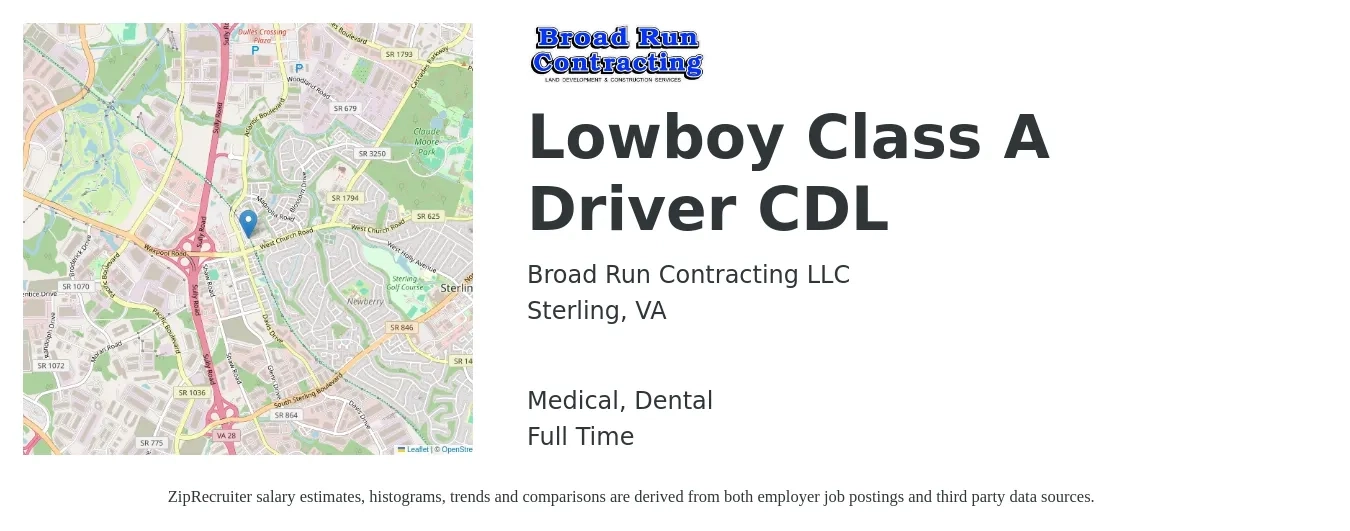 Broad Run Contracting LLC job posting for a Lowboy Class A Driver CDL in Sterling, VA with a salary of $25 to $42 Hourly and benefits including dental, and medical with a map of Sterling location.