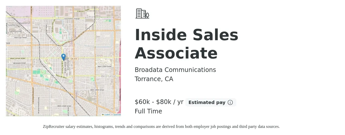 Broadata Communications job posting for a Inside Sales Associate in Torrance, CA with a salary of $60,000 to $80,000 Yearly with a map of Torrance location.
