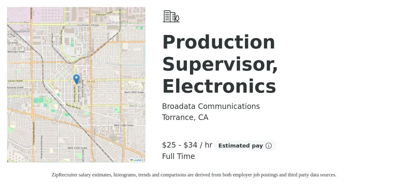 Broadata Communications job posting for a Production Supervisor, Electronics in Torrance, CA with a salary of $26 to $36 Hourly with a map of Torrance location.