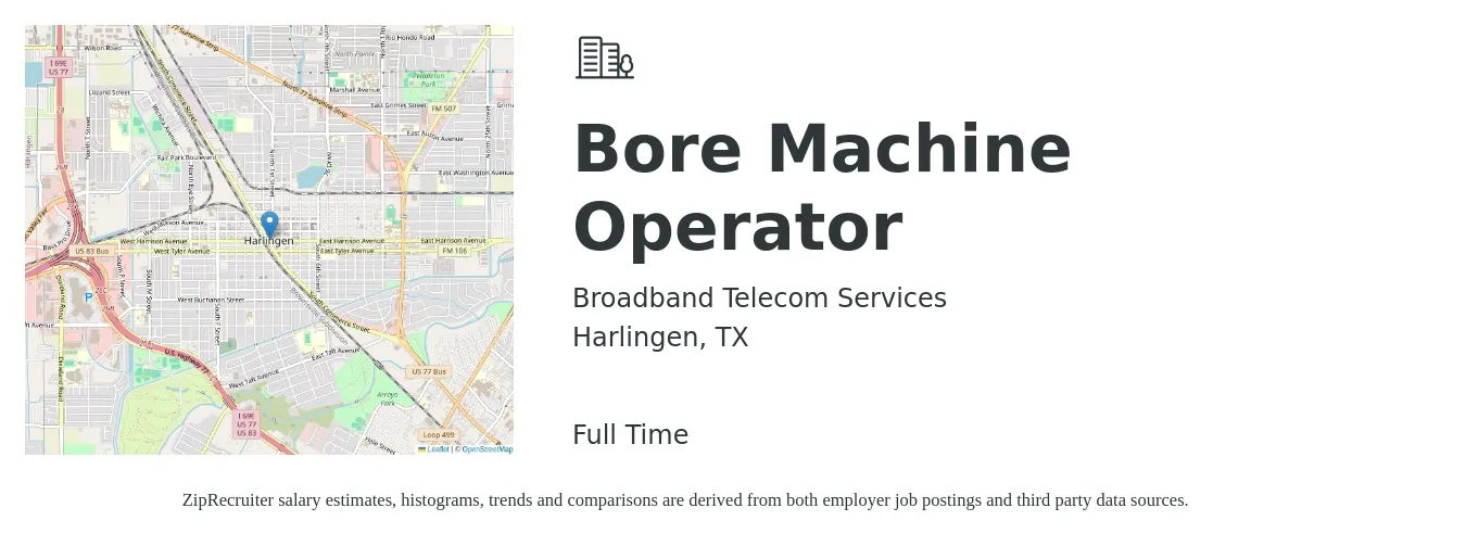 Broadband Telecom Services job posting for a Bore Machine Operator in Harlingen, TX with a salary of $16 to $20 Hourly with a map of Harlingen location.