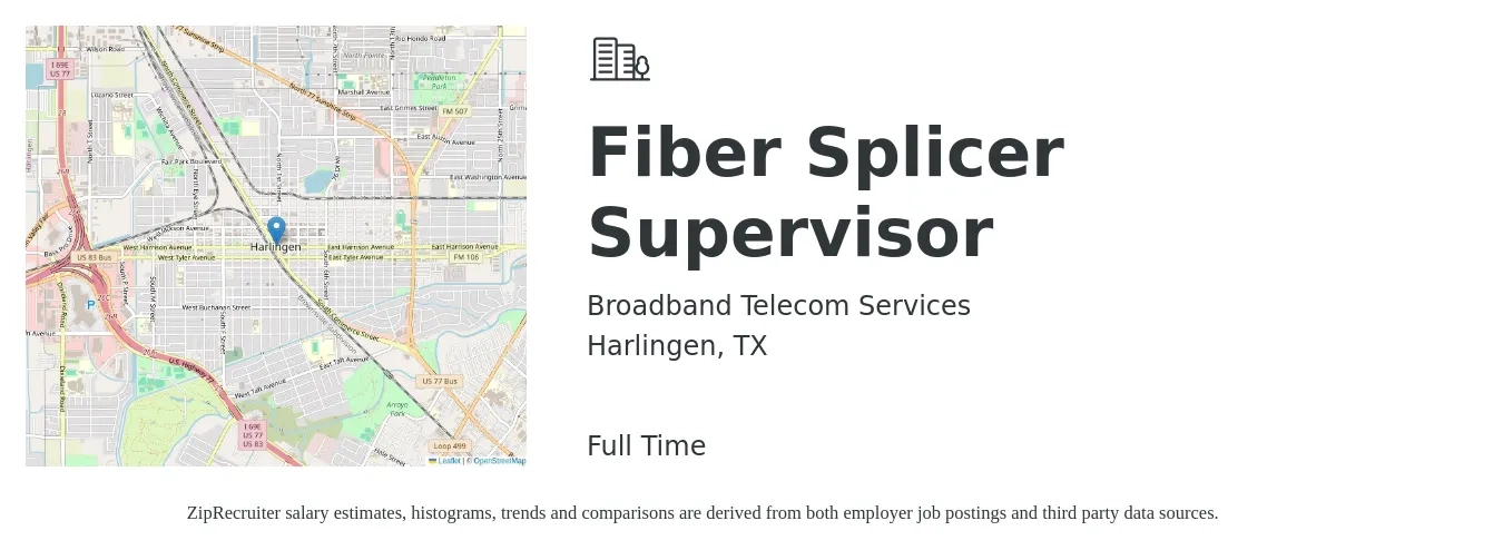 Broadband Telecom Services job posting for a Fiber Splicer Supervisor in Harlingen, TX with a salary of $24 to $29 Hourly with a map of Harlingen location.