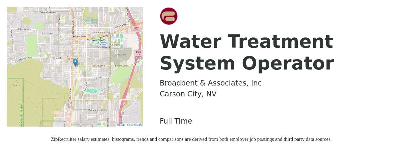 Broadbent & Associates, Inc job posting for a Water Treatment System Operator in Carson City, NV with a salary of $20 to $34 Hourly with a map of Carson City location.