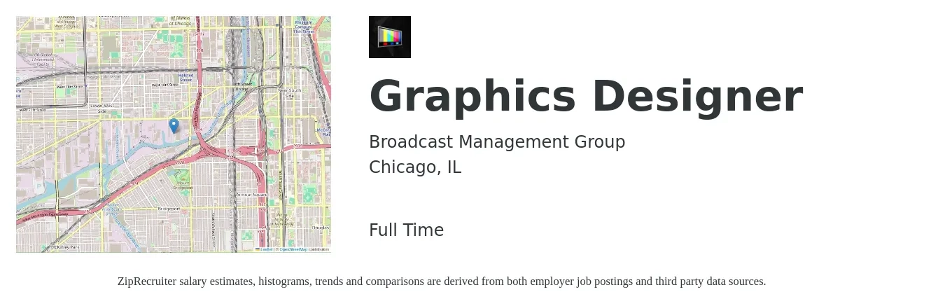 Broadcast Management Group job posting for a Graphics Designer in Chicago, IL with a salary of $22 to $34 Hourly with a map of Chicago location.