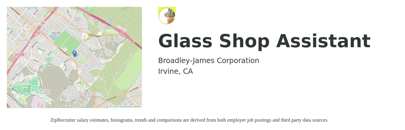 Broadley-James Corporation job posting for a Glass Shop Assistant in Irvine, CA with a salary of $19 to $24 Hourly with a map of Irvine location.