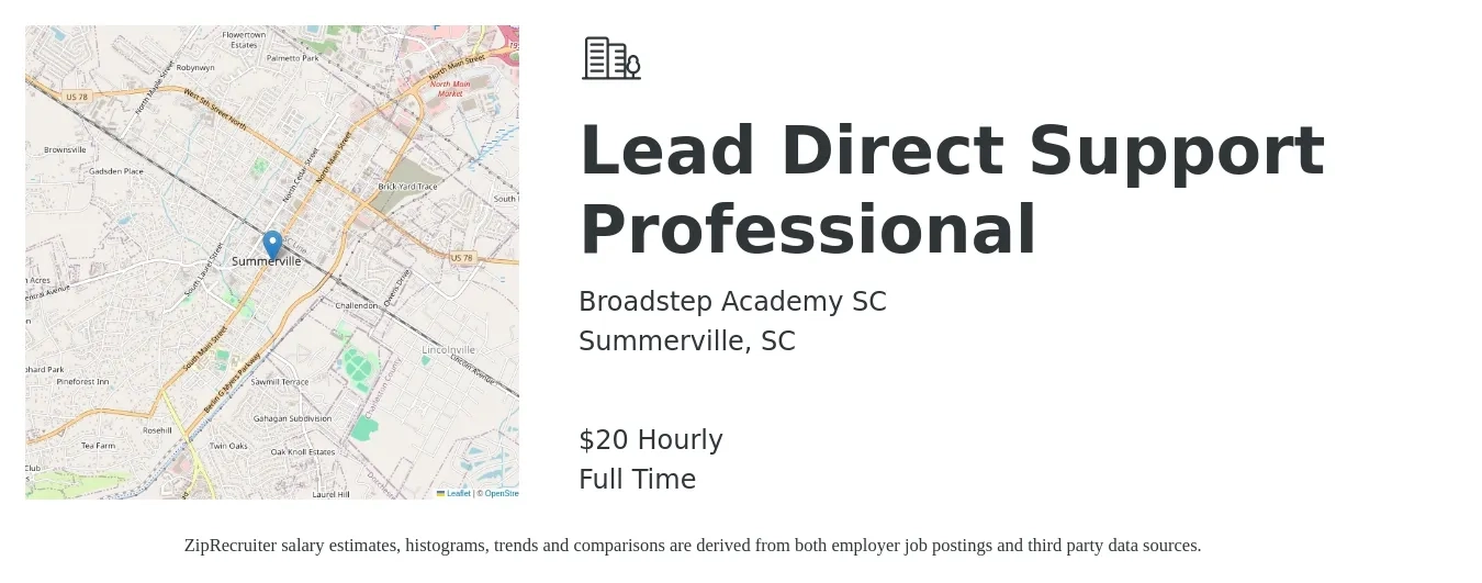 Broadstep Academy SC job posting for a Lead Direct Support Professional in Summerville, SC with a salary of $17 to $20 Hourly with a map of Summerville location.