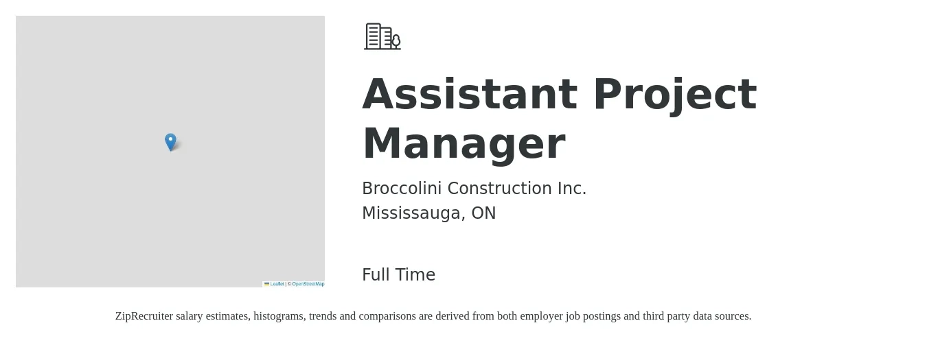 Broccolini Construction Inc. job posting for a Assistant Project Manager in Mississauga, ON with a map of Mississauga location.