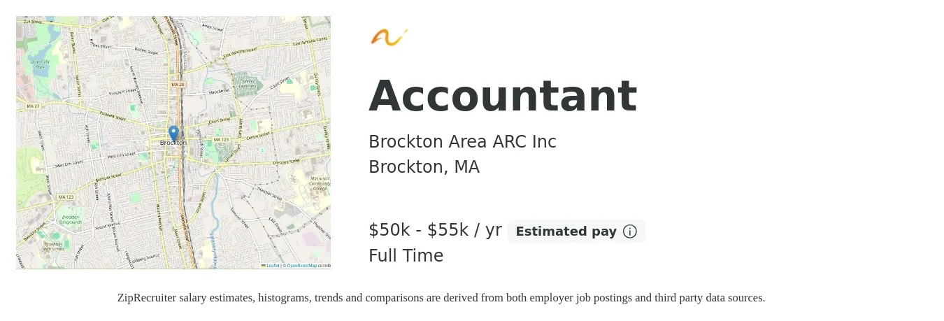 Brockton Area ARC Inc job posting for a Accountant in Brockton, MA with a salary of $50,000 to $55,000 Yearly with a map of Brockton location.