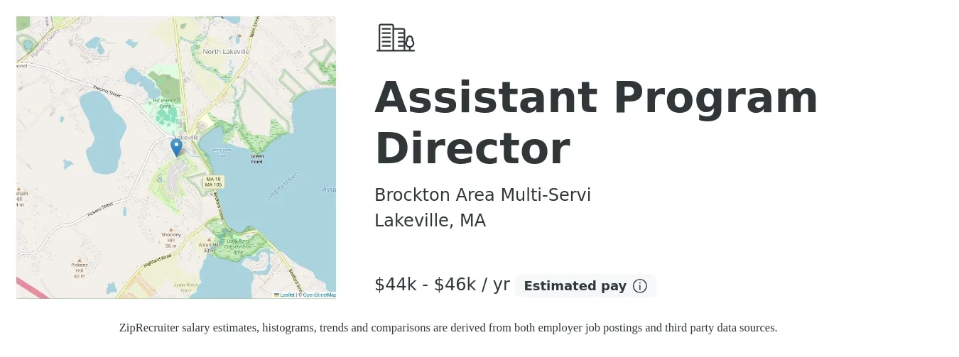 Brockton Area Multi-Servi job posting for a Assistant Program Director in Lakeville, MA with a salary of $44,000 to $46,000 Yearly with a map of Lakeville location.