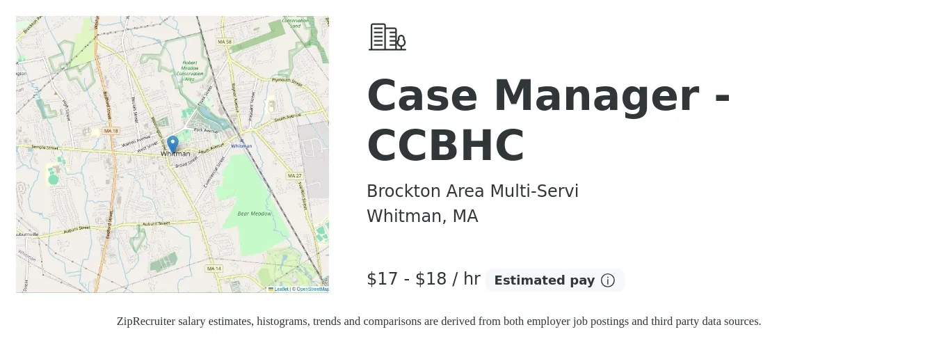 Brockton Area Multi-Servi job posting for a Case Manager - CCBHC in Whitman, MA with a salary of $18 to $19 Hourly with a map of Whitman location.