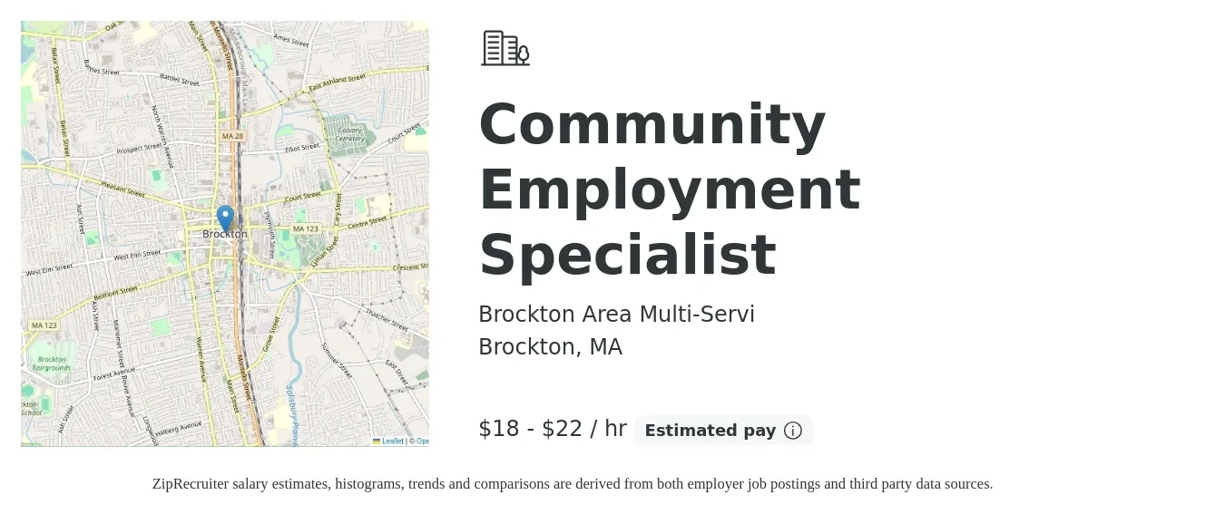 Brockton Area Multi-Servi job posting for a Community Employment Specialist in Brockton, MA with a salary of $19 to $23 Hourly with a map of Brockton location.