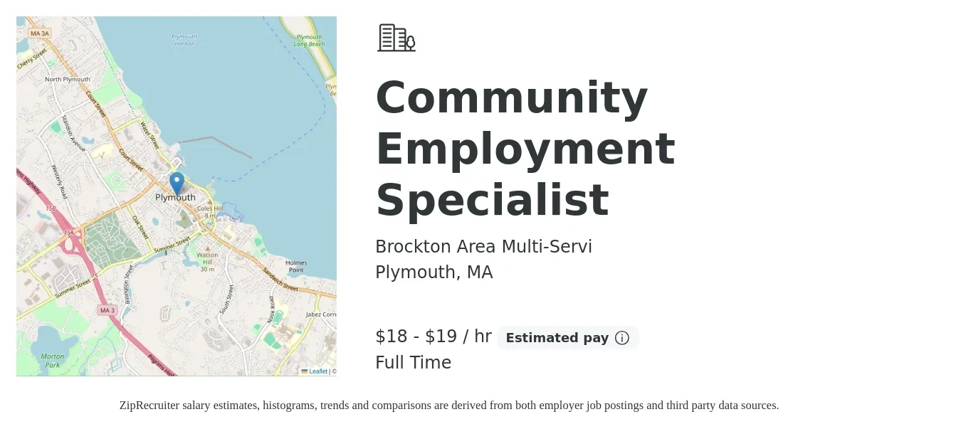 Brockton Area Multi-Servi job posting for a Community Employment Specialist in Plymouth, MA with a salary of $19 to $20 Hourly with a map of Plymouth location.