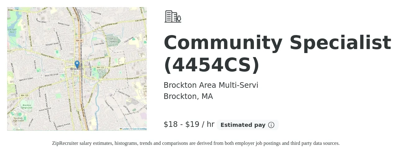 Brockton Area Multi-Servi job posting for a Community Specialist (4454CS) in Brockton, MA with a salary of $19 to $20 Hourly with a map of Brockton location.