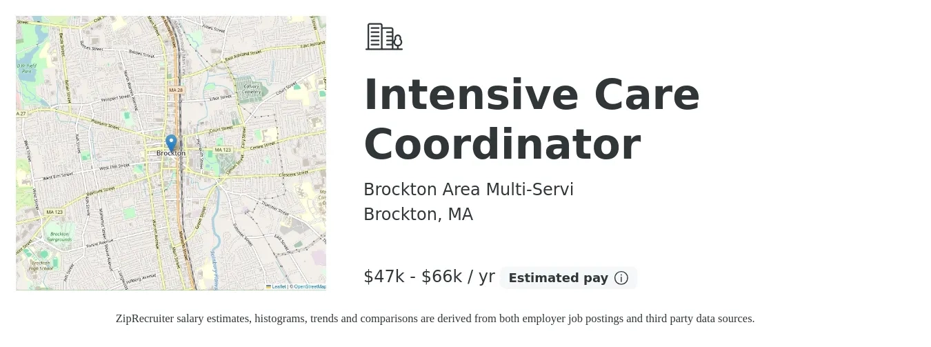 Brockton Area Multi-Servi job posting for a Intensive Care Coordinator in Brockton, MA with a salary of $47,840 to $66,560 Yearly with a map of Brockton location.