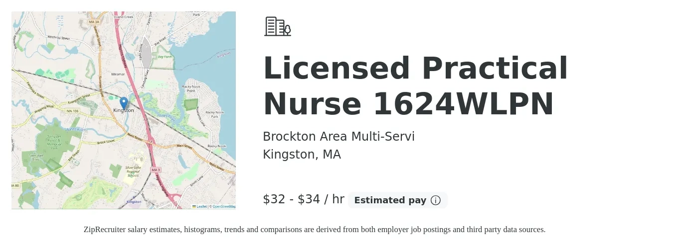 Brockton Area Multi-Servi job posting for a Licensed Practical Nurse 1624WLPN in Kingston, MA with a salary of $34 to $36 Hourly with a map of Kingston location.
