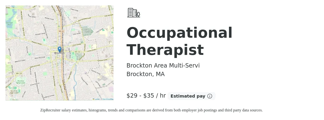 Brockton Area Multi-Servi job posting for a Occupational Therapist in Brockton, MA with a salary of $31 to $37 Hourly with a map of Brockton location.