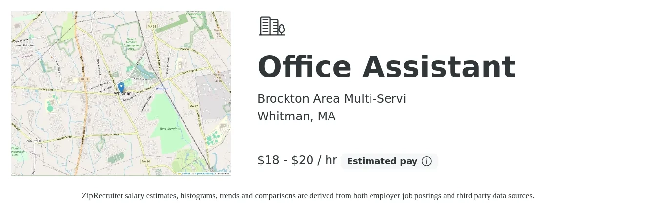 Brockton Area Multi-Servi job posting for a Office Assistant in Whitman, MA with a salary of $19 to $21 Hourly with a map of Whitman location.