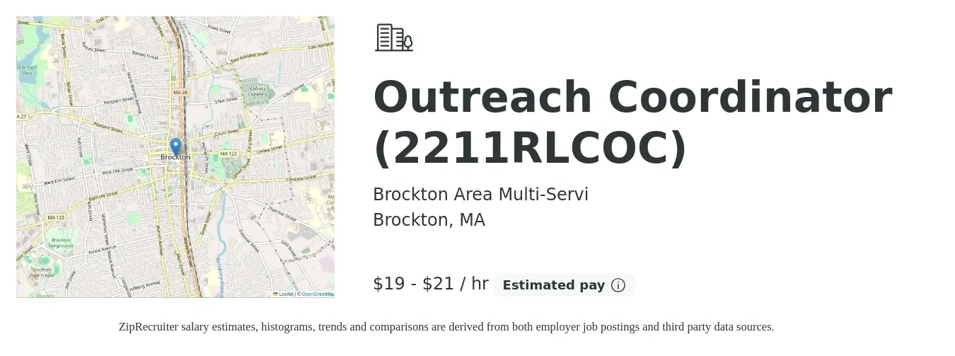 Brockton Area Multi-Servi job posting for a Outreach Coordinator (2211RLCOC) in Brockton, MA with a salary of $20 to $22 Hourly with a map of Brockton location.