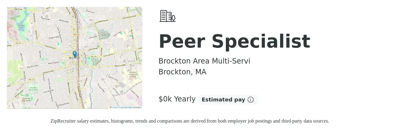 Brockton Area Multi-Servi job posting for a Peer Specialist in Brockton, MA with a salary of $17 Yearly with a map of Brockton location.