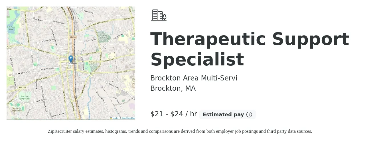 Brockton Area Multi-Servi job posting for a Therapeutic Support Specialist in Brockton, MA with a salary of $22 to $25 Hourly with a map of Brockton location.