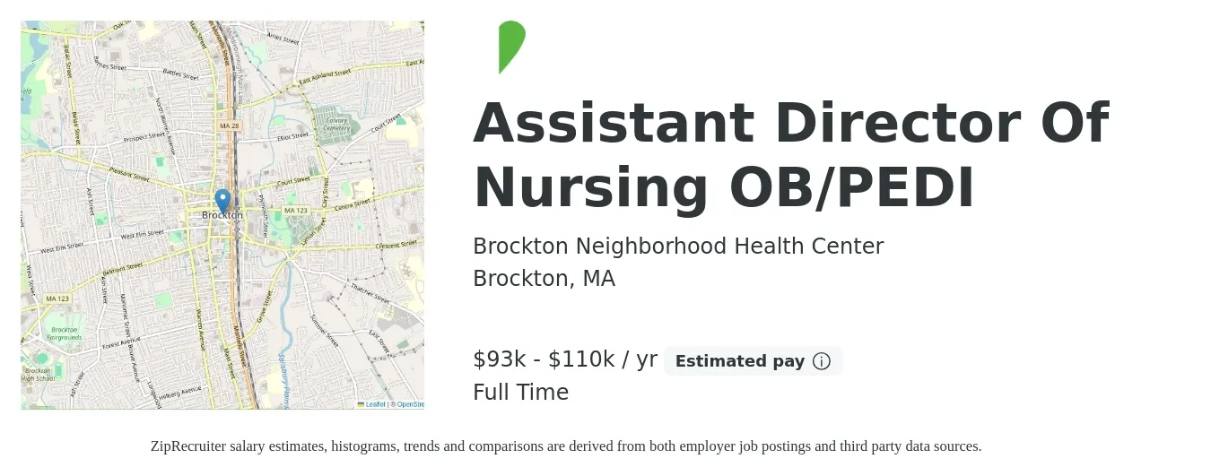 Brockton Neighborhood Health Center job posting for a Assistant Director Of Nursing OB/PEDI in Brockton, MA with a salary of $93,559 to $110,069 Yearly with a map of Brockton location.