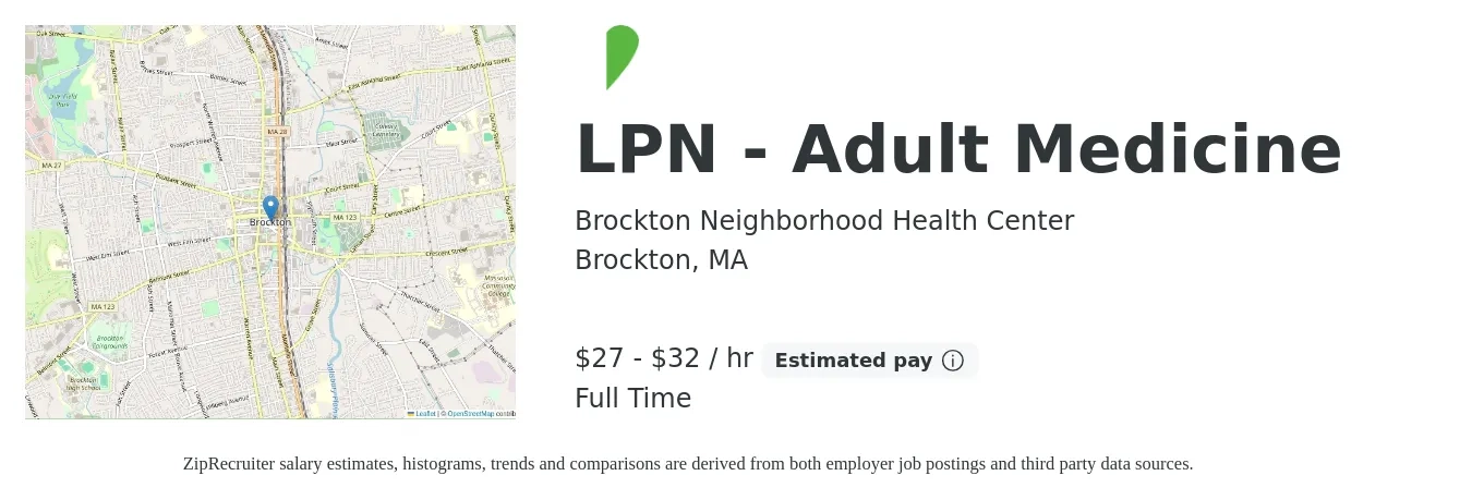 Brockton Neighborhood Health Center job posting for a LPN - Adult Medicine in Brockton, MA with a salary of $29 to $34 Hourly with a map of Brockton location.