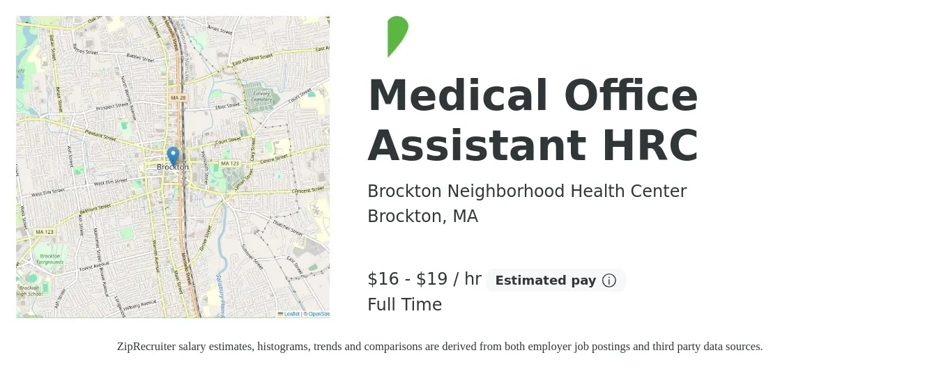 Brockton Neighborhood Health Center job posting for a Medical Office Assistant HRC in Brockton, MA with a salary of $17 to $20 Hourly with a map of Brockton location.