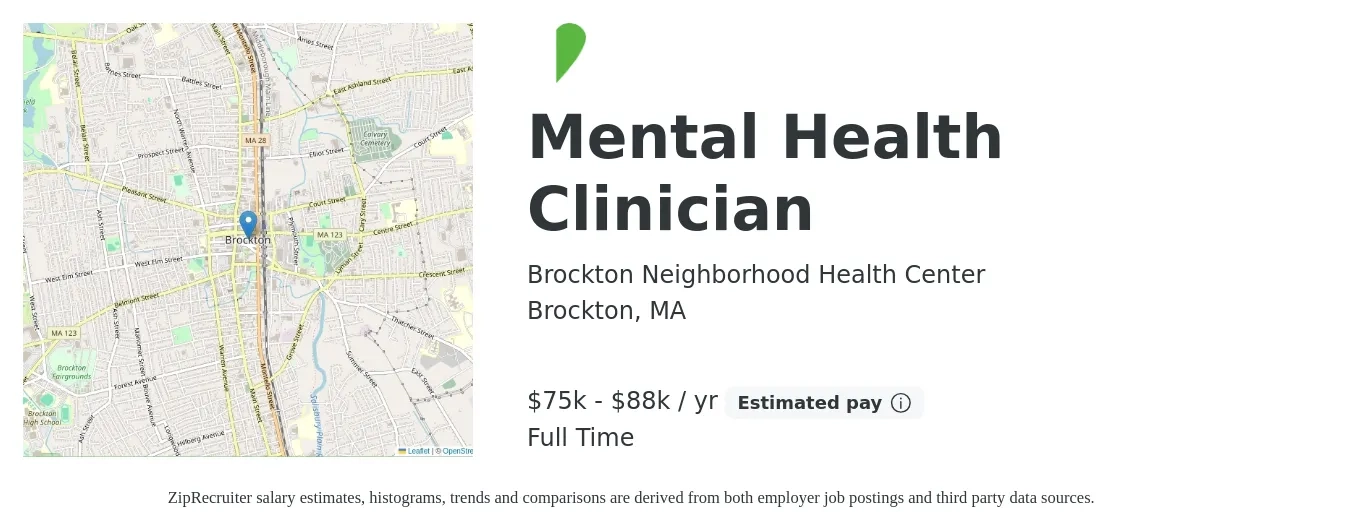 Brockton Neighborhood Health Center job posting for a Mental Health Clinician in Brockton, MA with a salary of $75,000 to $88,235 Yearly with a map of Brockton location.