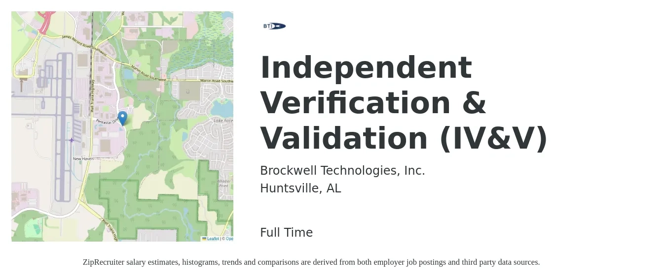 Brockwell Technologies, Inc. job posting for a Independent Verification & Validation (IV&V) in Huntsville, AL with a salary of $41 to $66 Hourly with a map of Huntsville location.