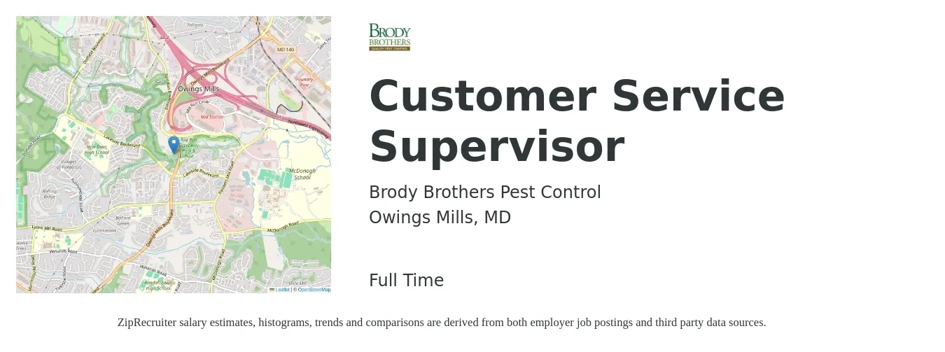 Brody Brothers Pest Control job posting for a Customer Service Supervisor in Owings Mills, MD with a salary of $21 to $25 Hourly with a map of Owings Mills location.