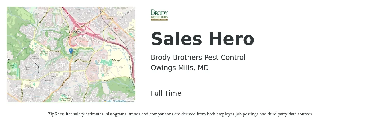 Brody Brothers Pest Control job posting for a Sales Hero in Owings Mills, MD with a salary of $17 to $20 Hourly with a map of Owings Mills location.