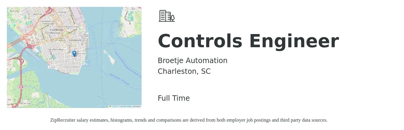 Broetje Automation job posting for a Controls Engineer in Charleston, SC with a salary of $78,100 to $101,100 Yearly with a map of Charleston location.