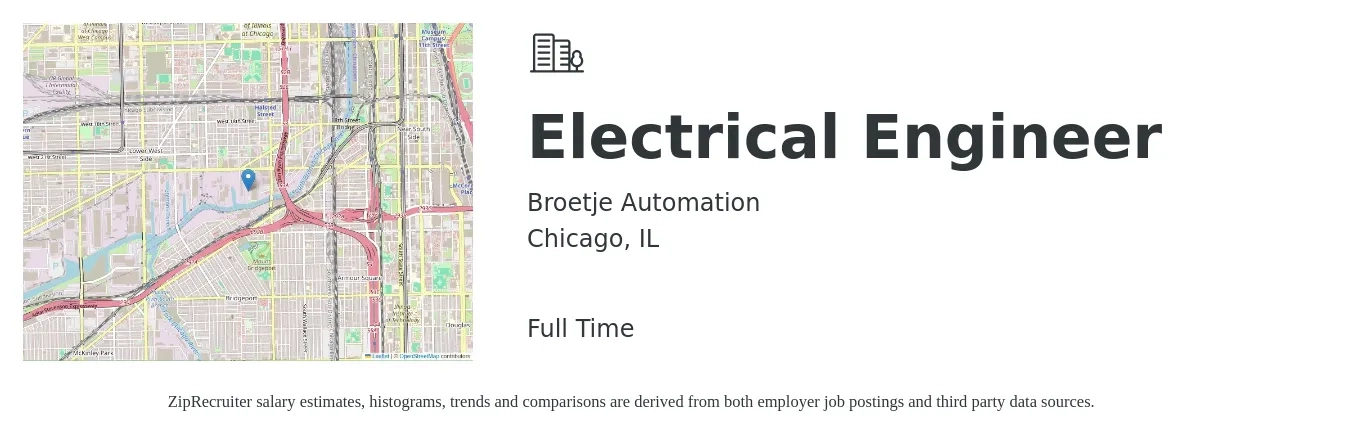 Broetje Automation job posting for a Electrical Engineer in Chicago, IL with a salary of $85,500 to $136,000 Yearly with a map of Chicago location.